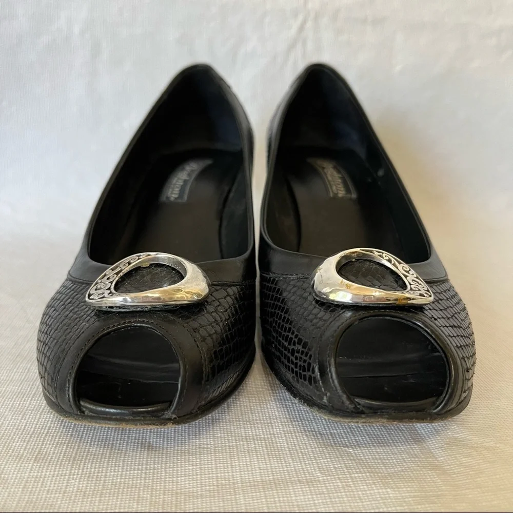 Brighton Nelly Black Leather Peep Toe Wedge Heels